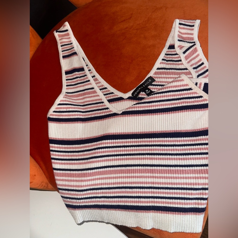 Kendall & Kylie M V-Neck Cream and Pink and Navy Striped Ribbed Knit Crop Tank